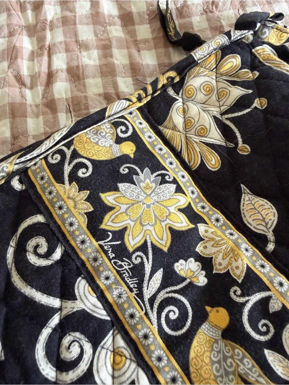 Vera Bradley Black Quilted Wristlet with Gold Floral & Bird Print